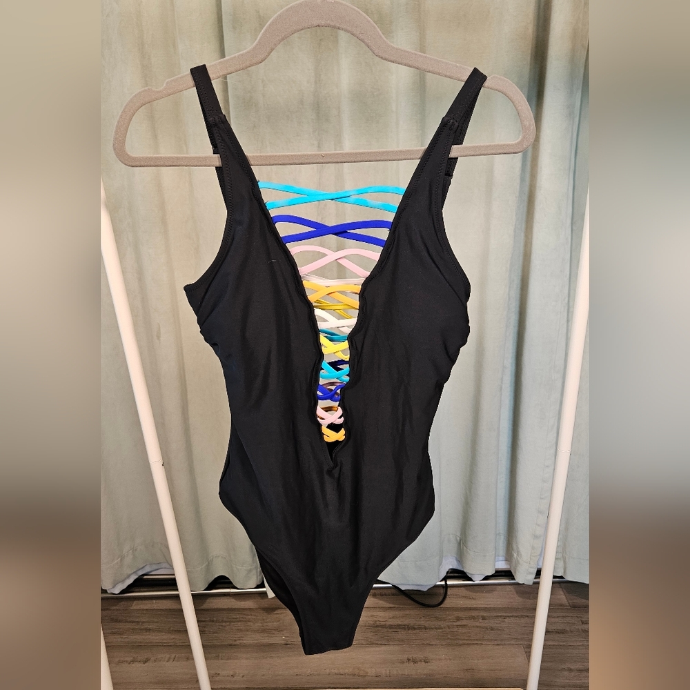 Rainbow strappy one piece bathing suit
